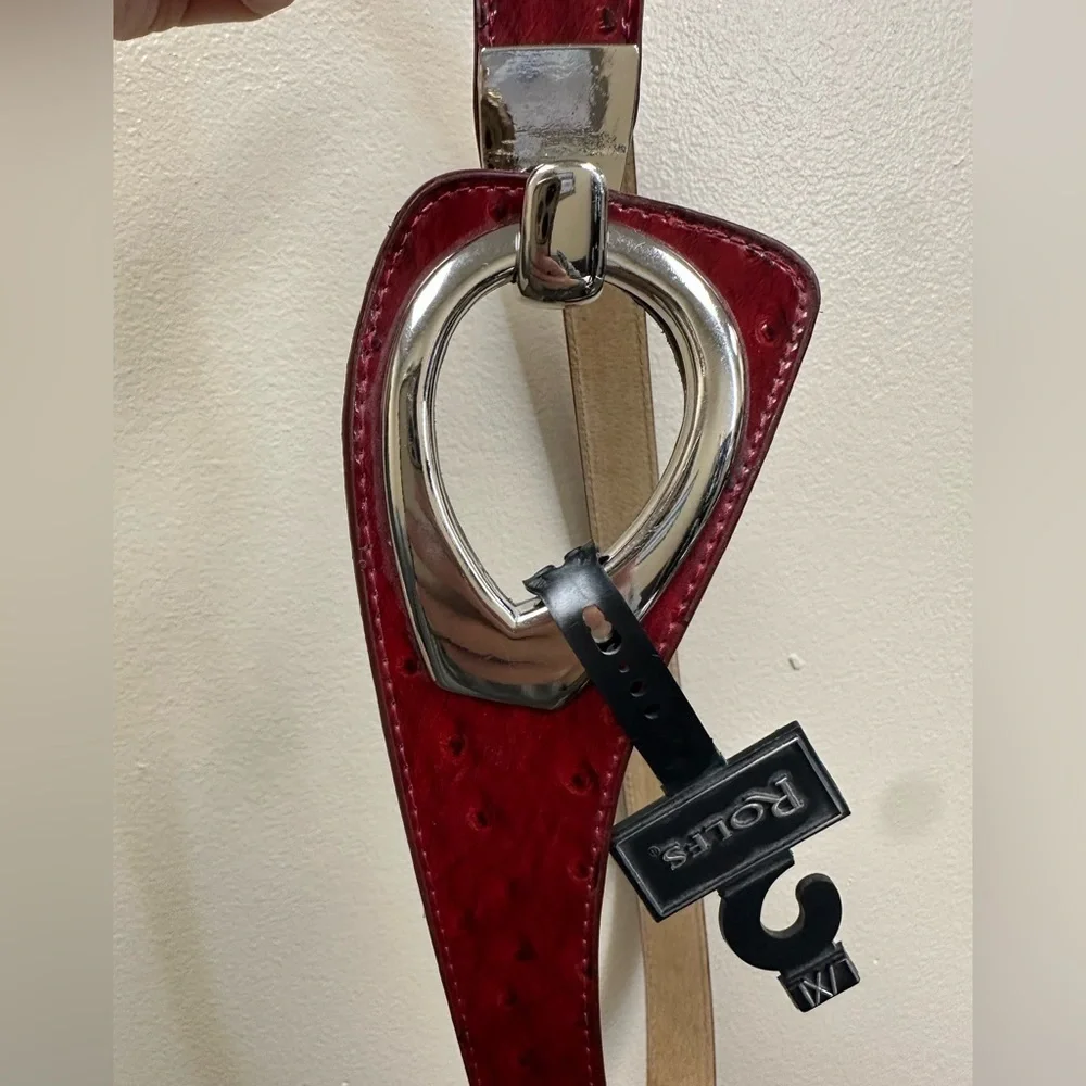 Rolfs Red Patent Leather Ostrich Quill Pattern Belt for Women L/XL Silver Buckle